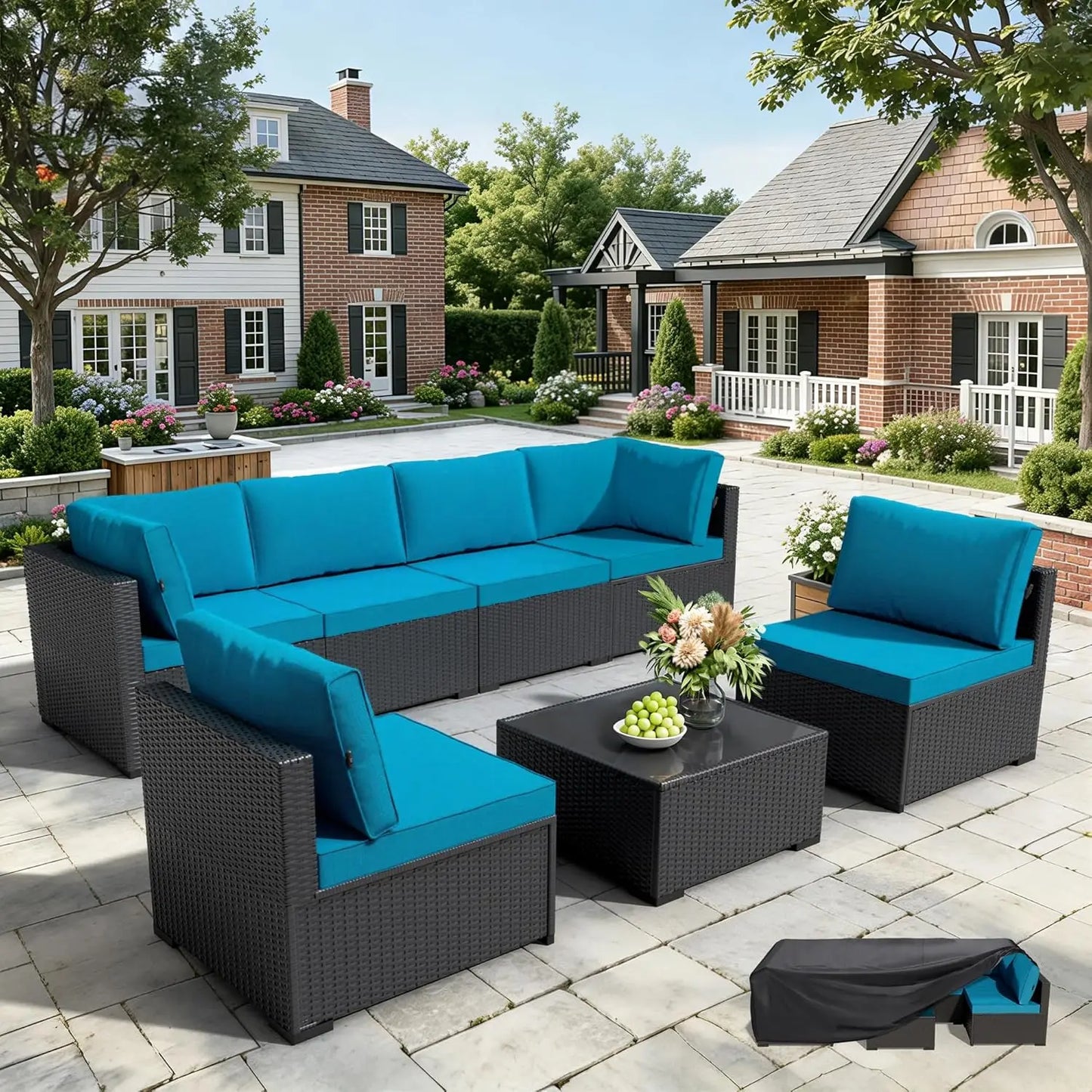 7 Piece Rattan Patio Modular Sectional