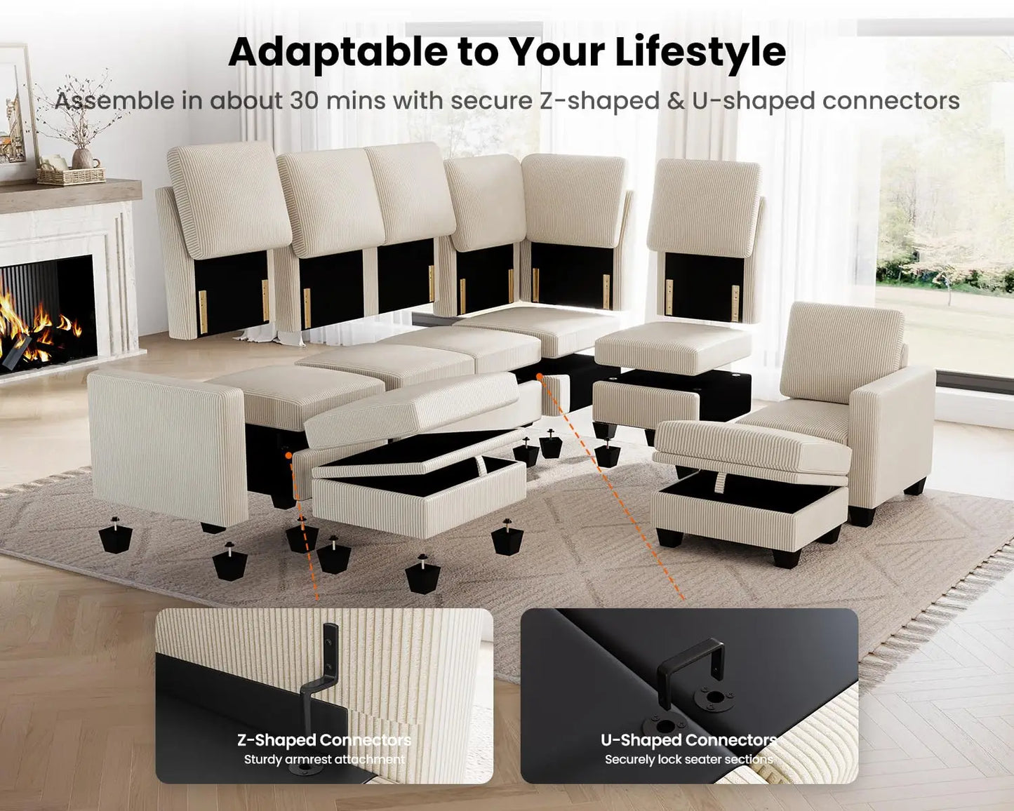 Modular Sectional Sleeper Sofa with Storage Ottoman