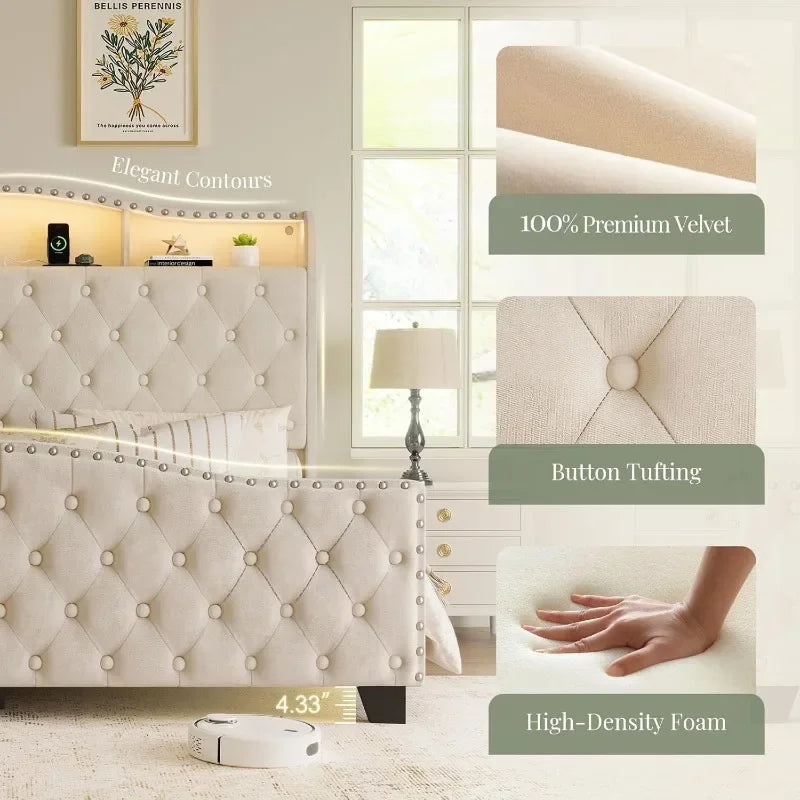 Upholstered Wingback Bedframe with Lights, Storage & Charging Station