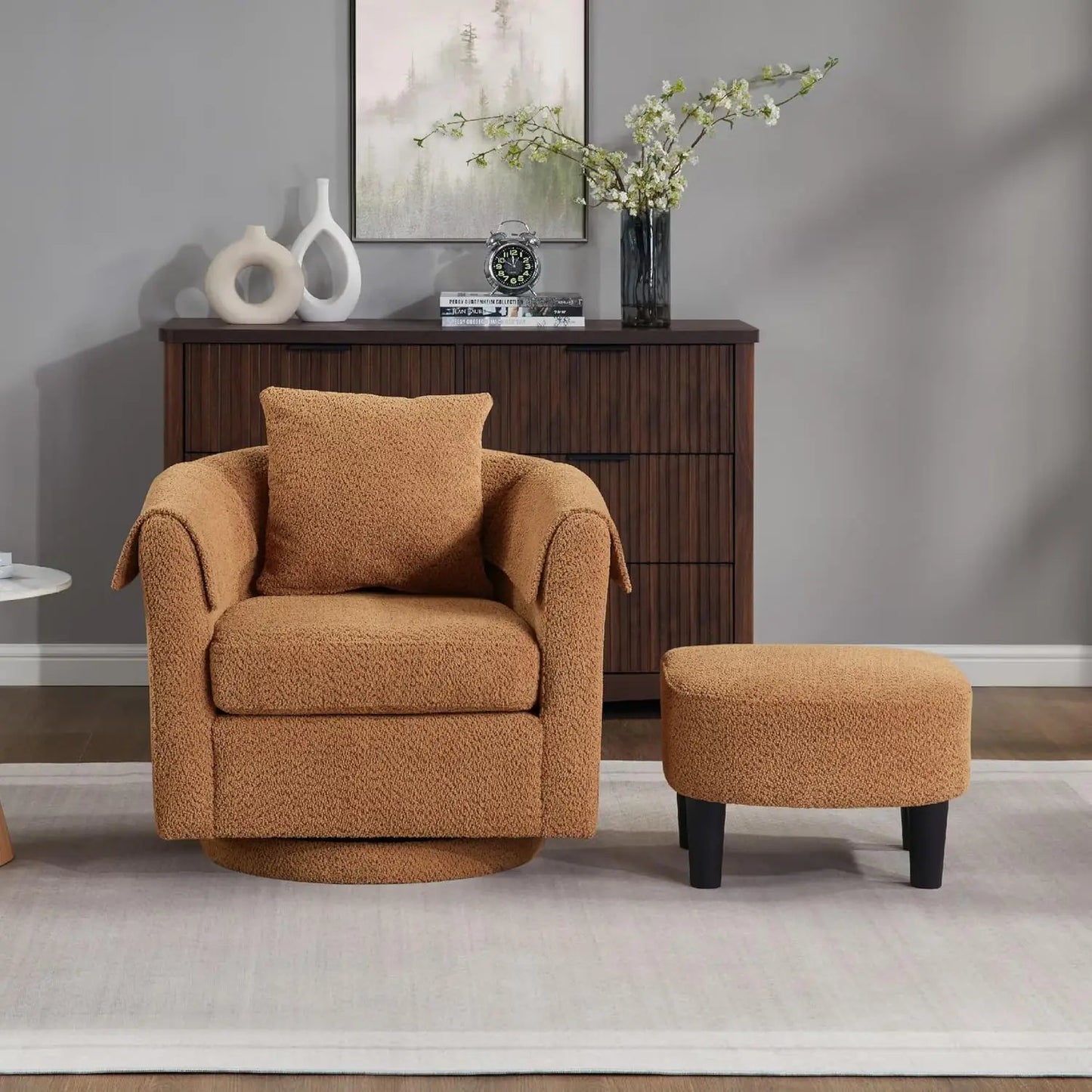 42" Oversized Swivel Barrel Chair with Storage Ottoman