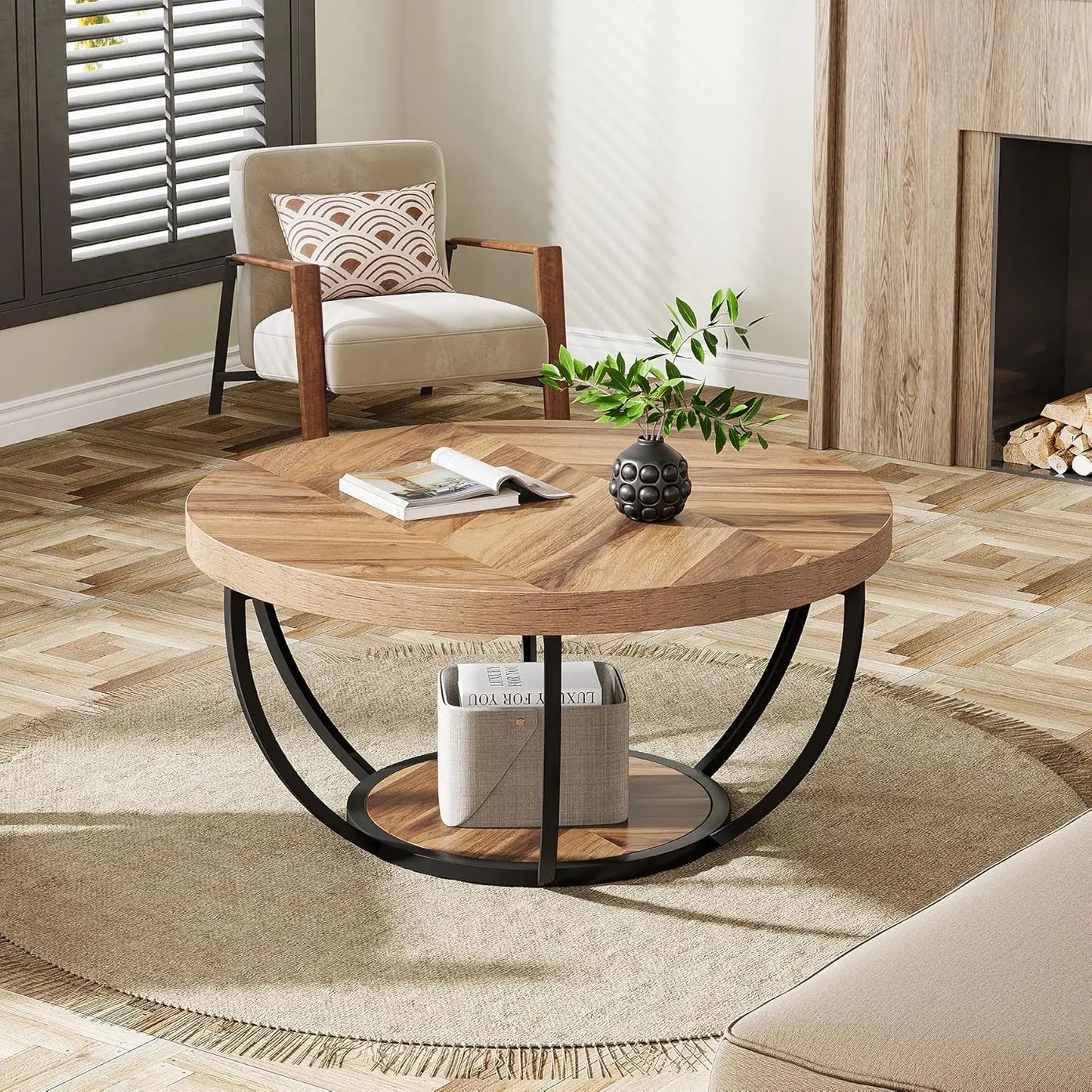 Modern 32" Circle Coffee Table with Open Storage