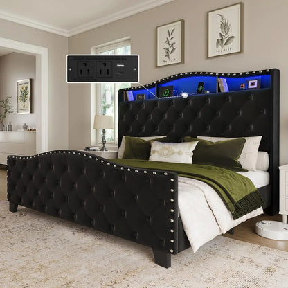 Upholstered Wingback Bedframe with Lights, Storage & Charging Station