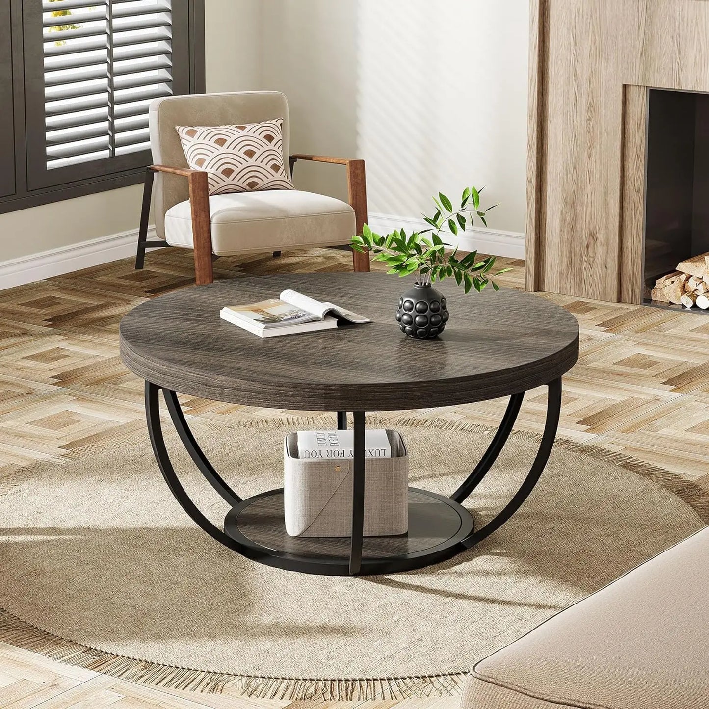 Modern 32" Circle Coffee Table with Open Storage