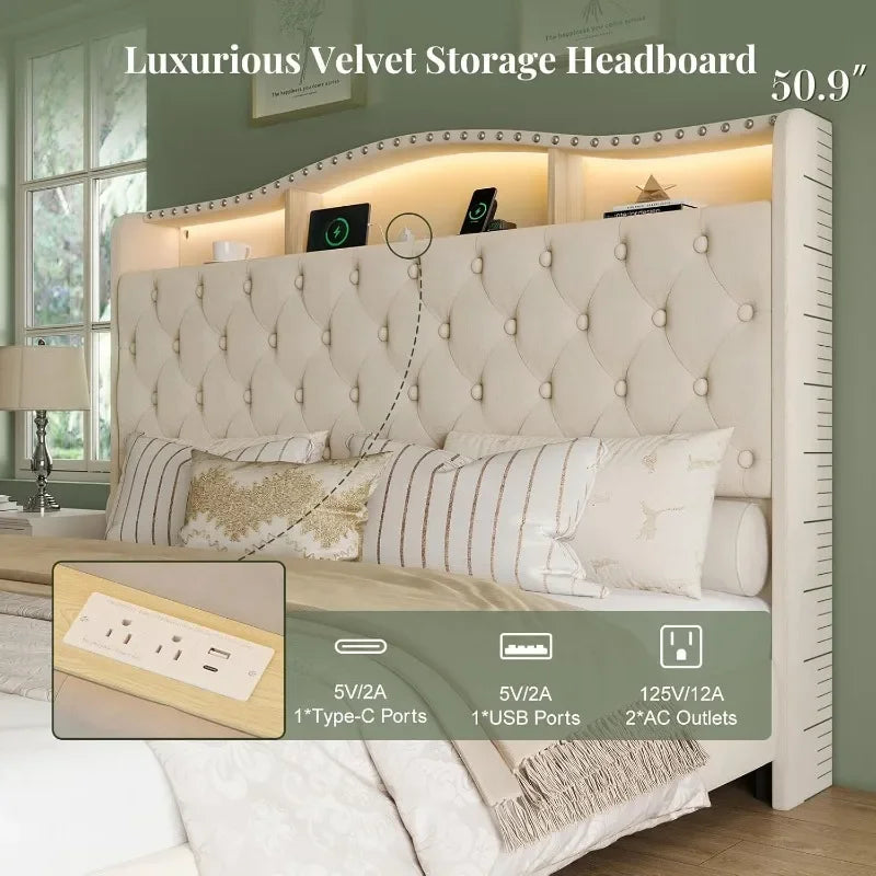 Upholstered Wingback Bedframe with Lights, Storage & Charging Station