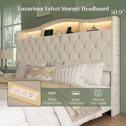 Upholstered Wingback Bedframe with Lights, Storage & Charging Station