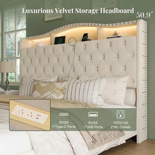 Upholstered Wingback Bedframe with Lights, Storage & Charging Station