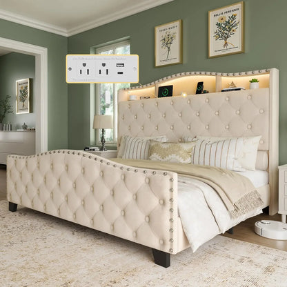 Upholstered Wingback Bedframe with Lights, Storage & Charging Station