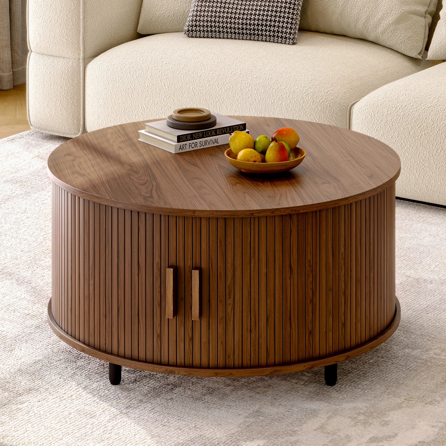 Modern Fluted Wood Coffee Table with Sliding Door