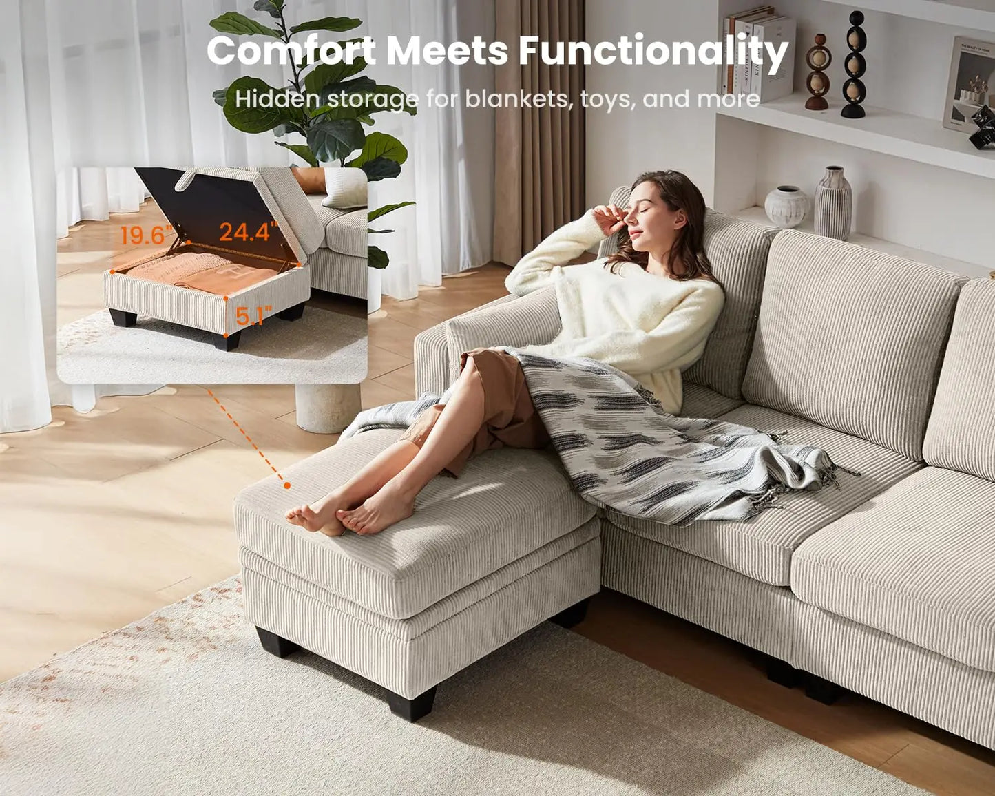 Modular Sectional Sleeper Sofa with Storage Ottoman