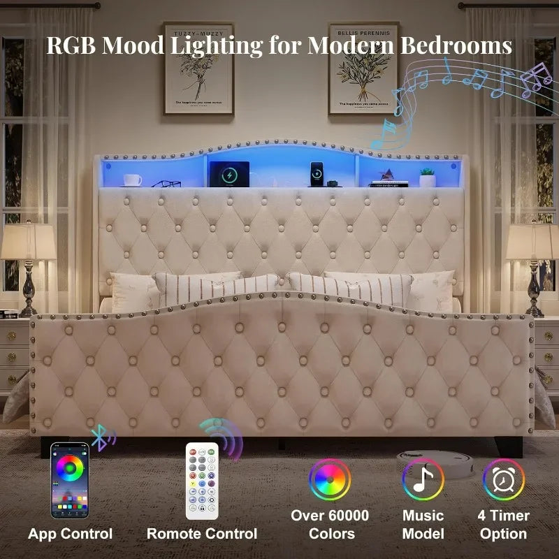 Upholstered Wingback Bedframe with Lights, Storage & Charging Station