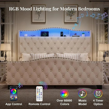 Upholstered Wingback Bedframe with Lights, Storage & Charging Station