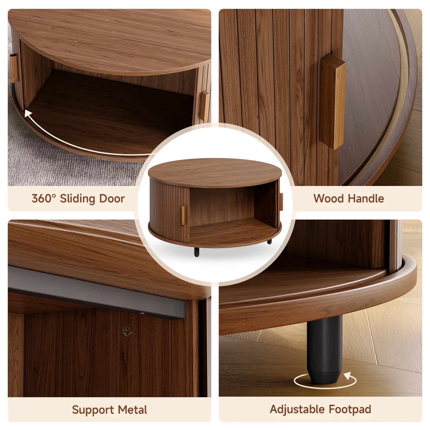 Modern Fluted Wood Coffee Table with Sliding Door