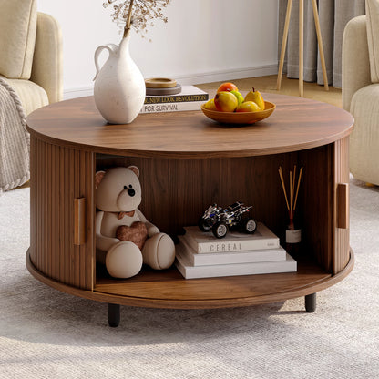 Modern Fluted Wood Coffee Table with Sliding Door