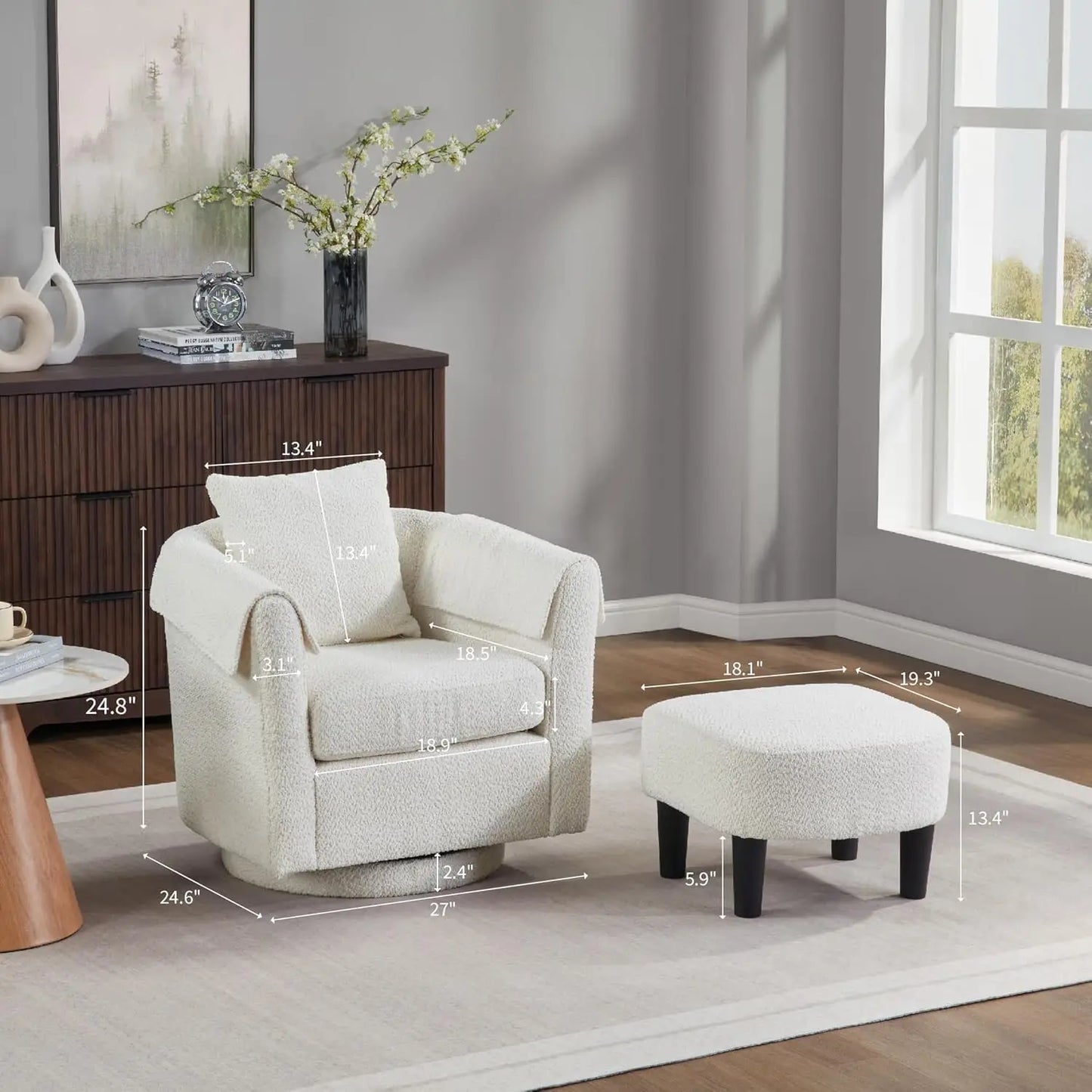 42" Oversized Swivel Barrel Chair with Storage Ottoman