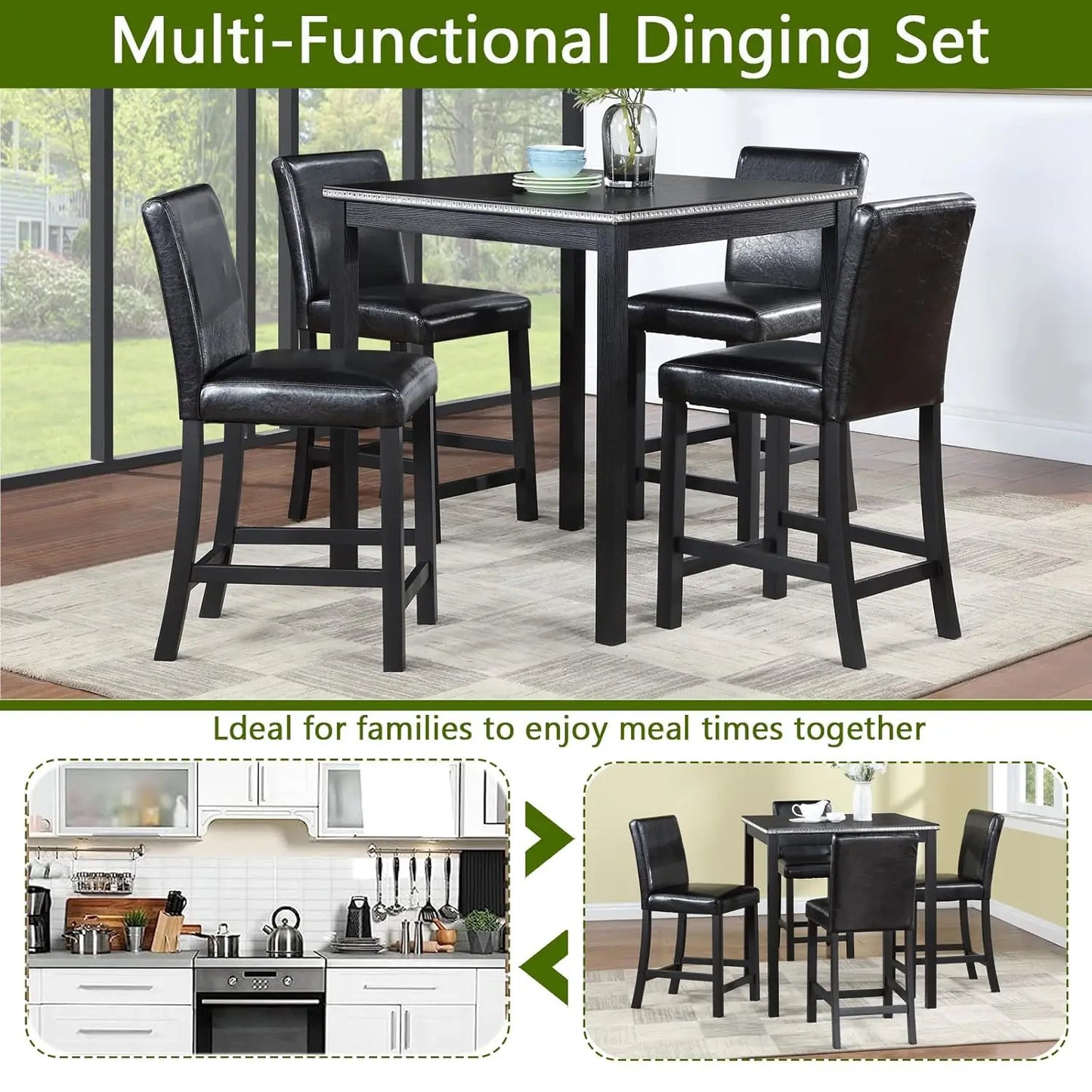 5-Piece Solid Wood Counter Height Kitchen Table Set