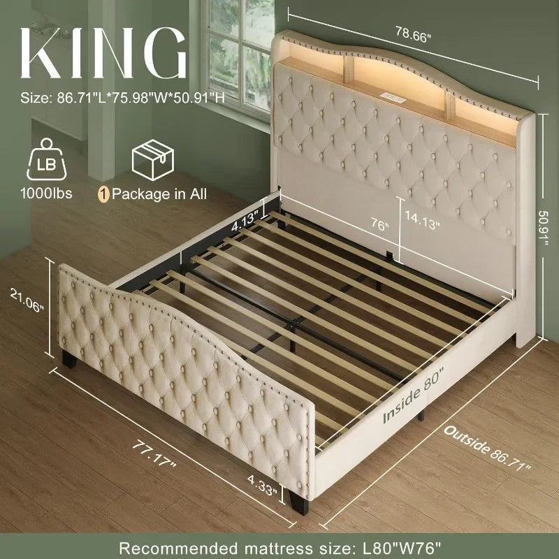 Upholstered Wingback Bedframe with Lights, Storage & Charging Station