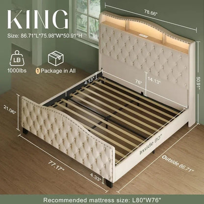 Upholstered Wingback Bedframe with Lights, Storage & Charging Station