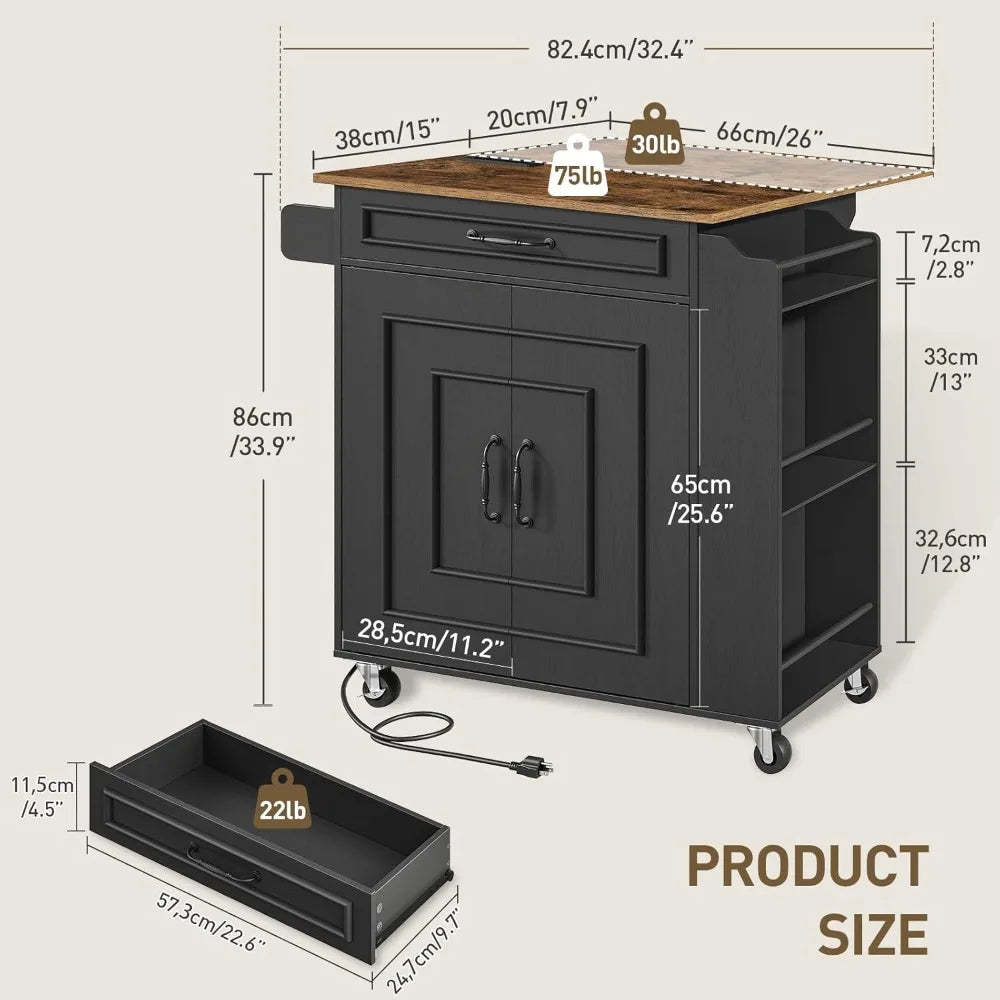 Kitchen Island with Power Outlets & Drop Leaf