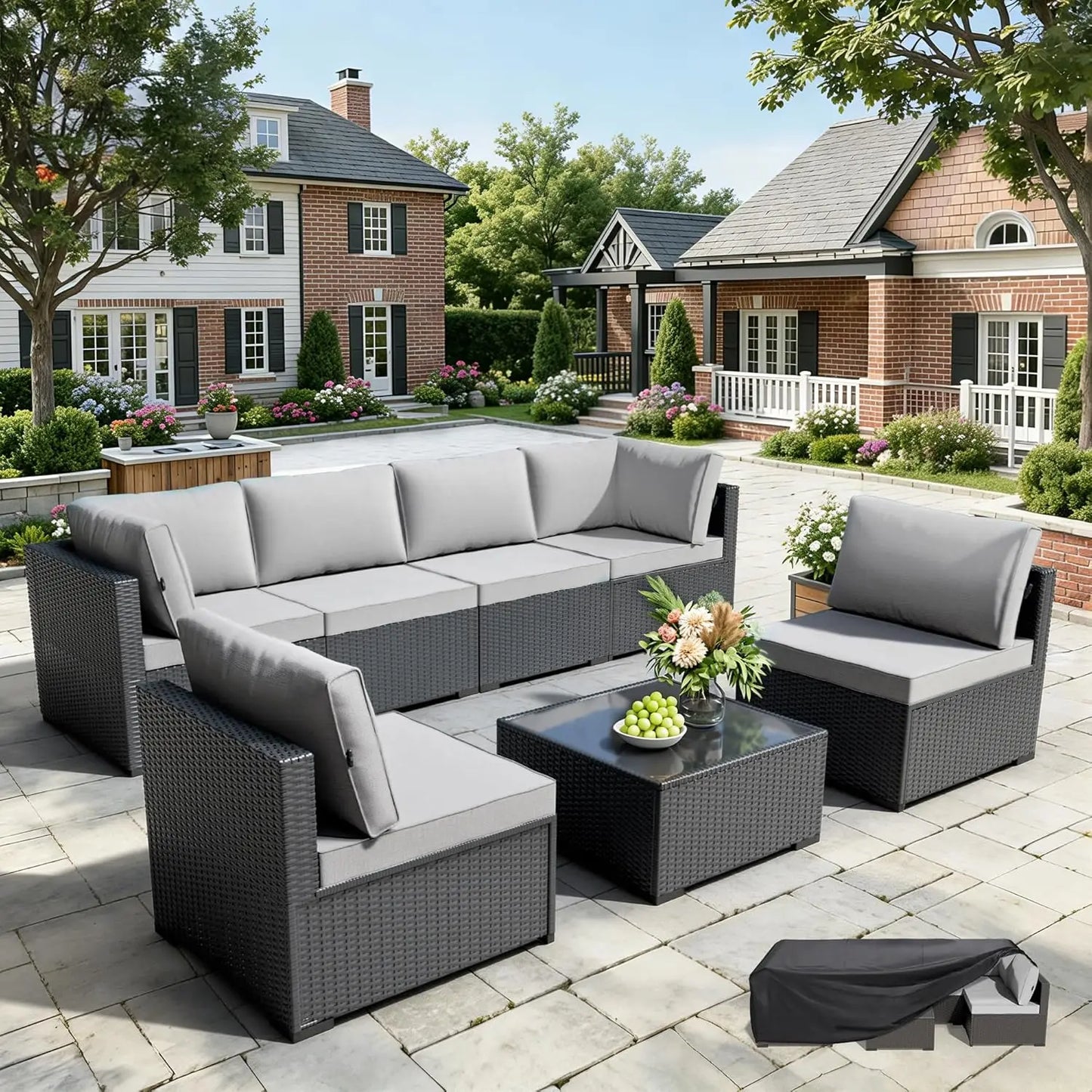 7 Piece Rattan Patio Modular Sectional
