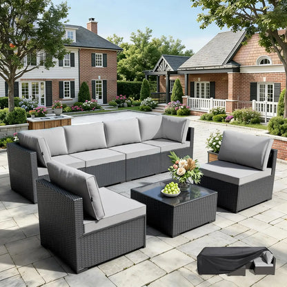 7 Piece Rattan Patio Modular Sectional