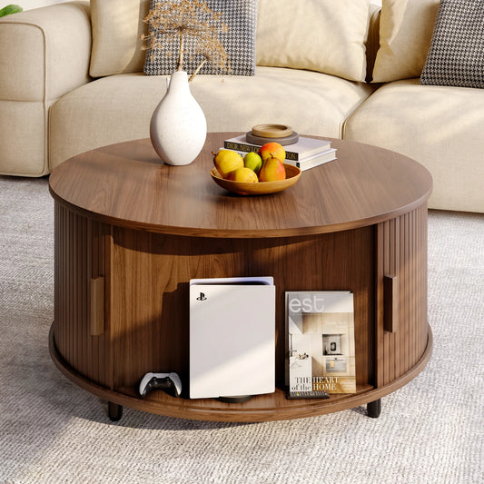Modern Fluted Wood Coffee Table with Sliding Door