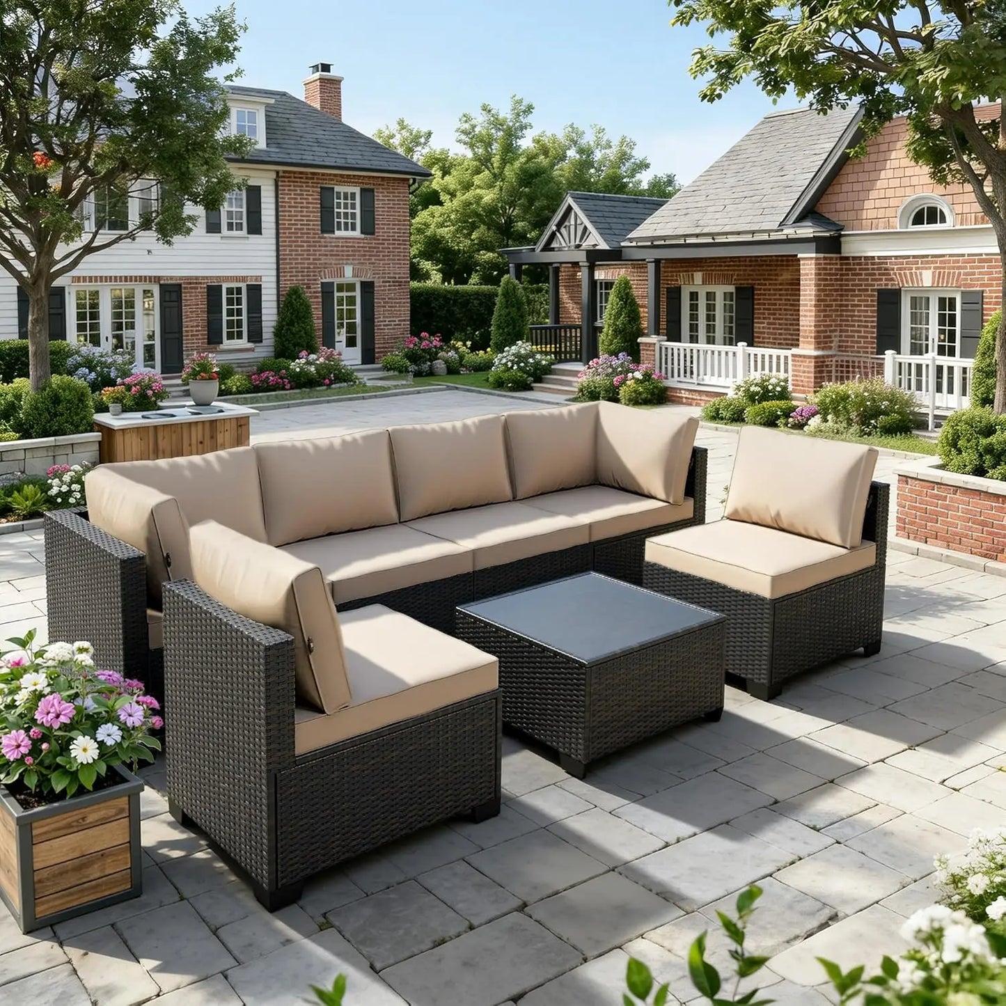 7 Piece Rattan Patio Modular Sectional