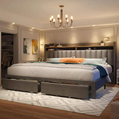 Upholstered King Bed Frame with Storage