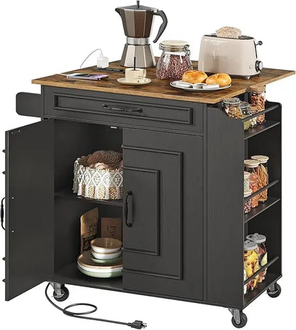 Kitchen Island with Power Outlets & Drop Leaf