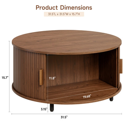 Modern Fluted Wood Coffee Table with Sliding Door