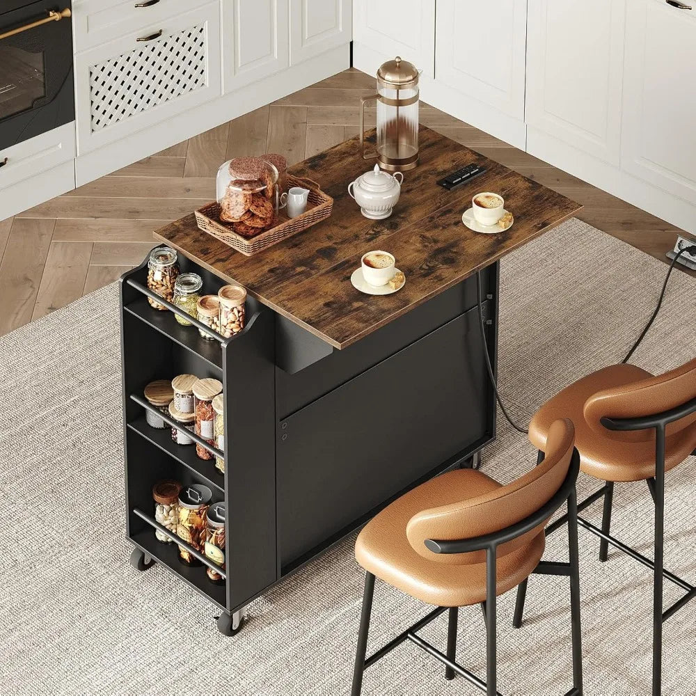 Kitchen Island with Power Outlets & Drop Leaf