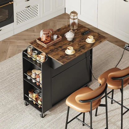 Kitchen Island with Power Outlets & Drop Leaf