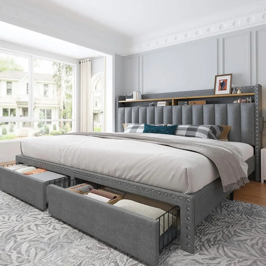 Upholstered King Bed Frame with Storage