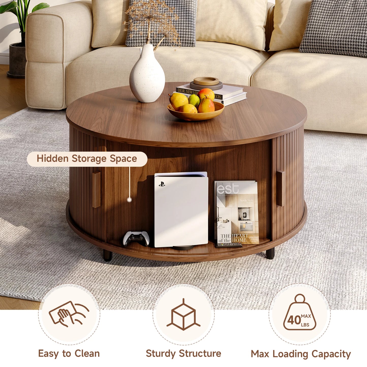 Modern Fluted Wood Coffee Table with Sliding Door