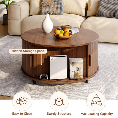 Modern Fluted Wood Coffee Table with Sliding Door