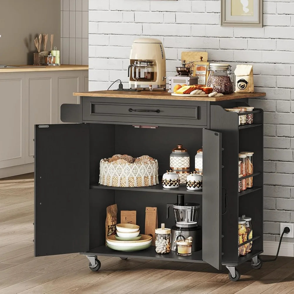 Kitchen Island with Power Outlets & Drop Leaf
