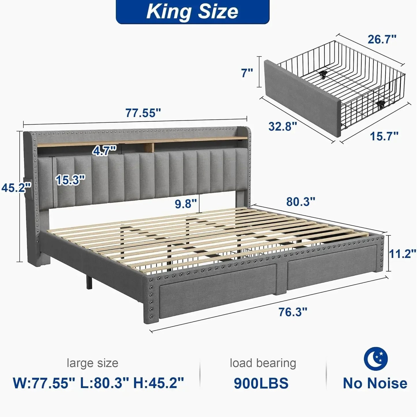 Upholstered King Bed Frame with Storage
