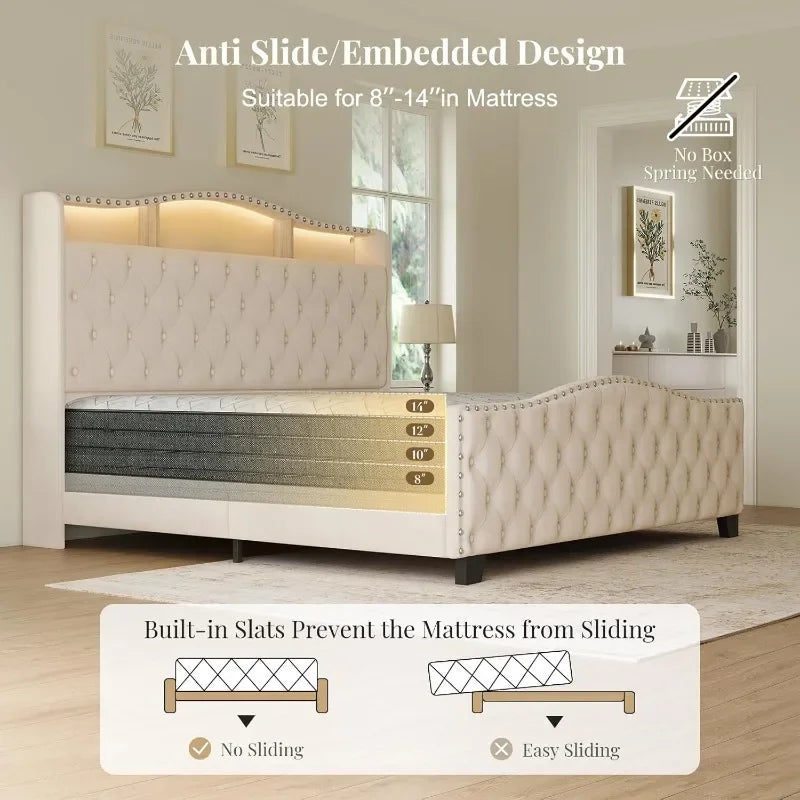 Upholstered Wingback Bedframe with Lights, Storage & Charging Station